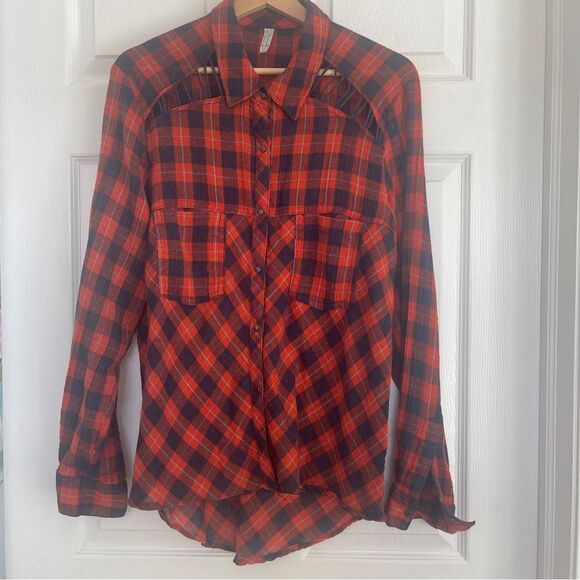Free People Gauze Plaid Buttondown Shirt Sz M Gently Loved - Picture 4 of 9